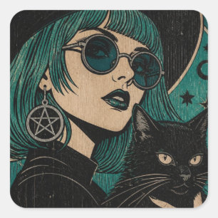 Een heks met haar zwarte kat Houtsnede Vierkante Sticker