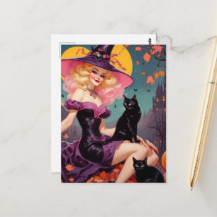 Een heks met haar zwarte katten briefkaart