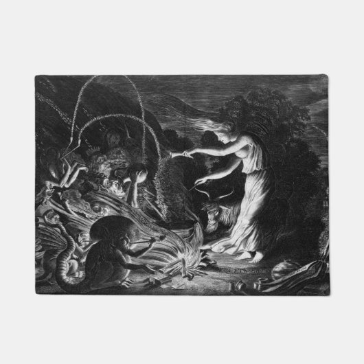 Een heks op haar Cauldron omringd door J Wellcome Deurmat (Voorkant)