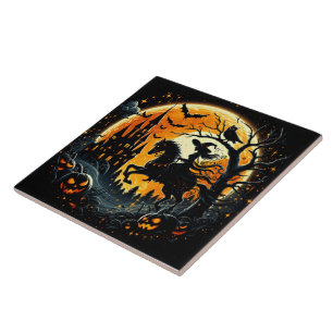 Een heks rijdt onder een spookachtige oogstmaan tegeltje