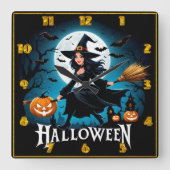 Een heks vliegt onder een volle maan vierkante klok (Voorkant)