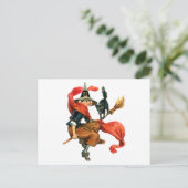 Een heks vliegt op haar bezem met haar zwarte kat briefkaart (Staand voorkant)