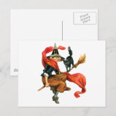 Een heks vliegt op haar bezem met haar zwarte kat briefkaart (Voorkant / Achterkant)