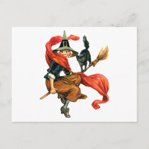 Een heks vliegt op haar bezem met haar zwarte kat briefkaart