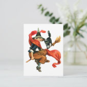 Een heks vliegt op Haar Bezem met haar Zwarte Kat Briefkaart (Staand voorkant)