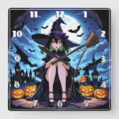 Een heks zit bij pompoenen onder het maanlicht vierkante klok (Voorkant)