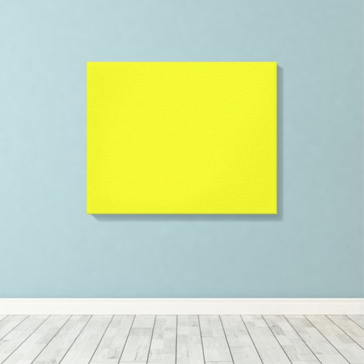 Een helder geel vierkant met een duidelijke witte  canvas afdruk (Insitu (Houten vloer))