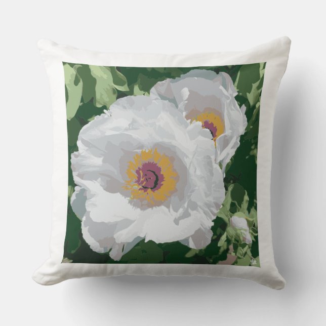 Een heldere witte pioen op het kussen van de worp. (Voorkant)