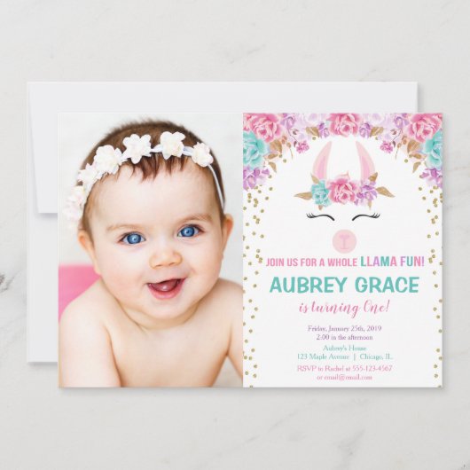 Een hele lama leuk meisje verjaardagsfeestje foto kaart (Voorkant)