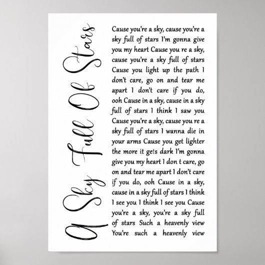 Een hemel vol met sterren White Script Song Lyric  Poster (Voorkant)