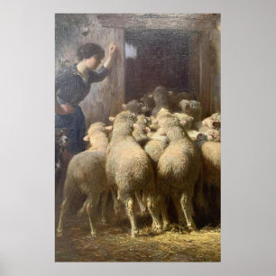 Een herdersheid, haar hond en schaap in Barn Poster