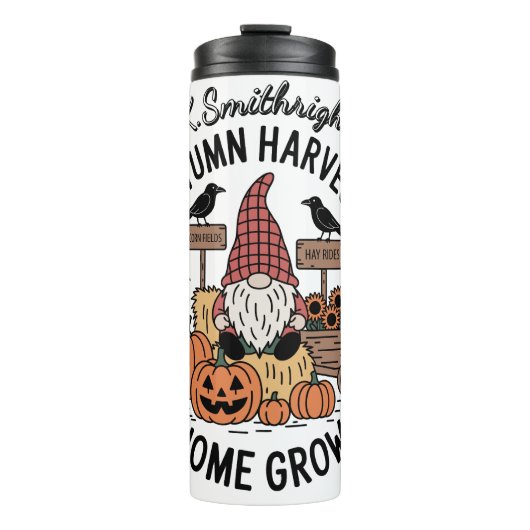 Een herfstgnoom en oogstscène thermosbeker (Voorkant)