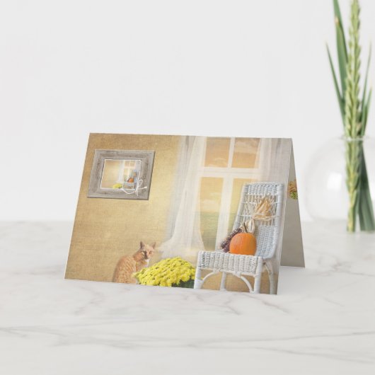 een herfstkat met een raam voor een vriend kaart (Voorkant)