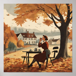 Een herfstscène met een vrouw uit de jaren 50 poster