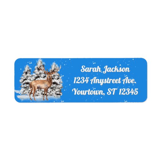 Een hert sneeuw en bomen op blauw etiket (Voorkant)