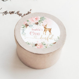 Een-hert-vol blush roze 1e meisje verjaardag ronde sticker