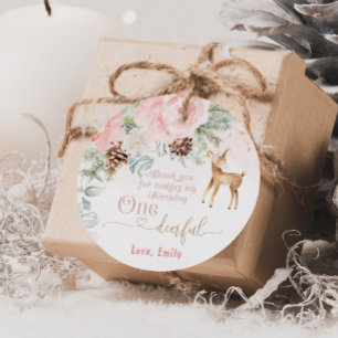 Een-hert-vol winter blush roze 1e meisje verjaarda bedankjes labels