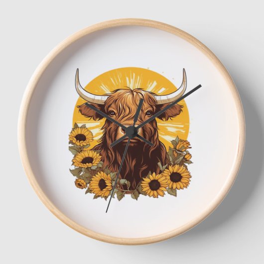Een Highland Koe Illustratie met Zonnebloemen Clas (Voorkant)