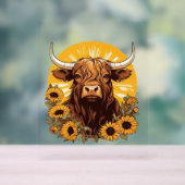 Een Highland Koe Illustratie met Zonnebloemen Clas Acryl Bord (Neutraal)
