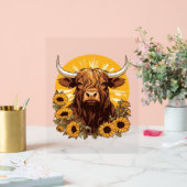 Een Highland Koe Illustratie met Zonnebloemen Clas Acryl Bord (Huwelijk)