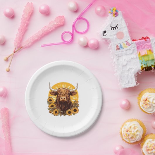 Een Highland Koe Illustratie met Zonnebloemen Clas Papieren Bordje (Feest)