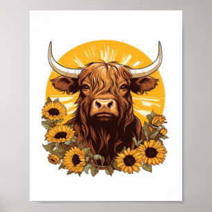 Een Highland Koe Illustratie met Zonnebloemen Clas Poster