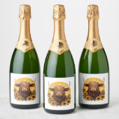 Een Highland Koe Illustratie met Zonnebloemen Clas Sparkling Wijnetiket (Flessen)