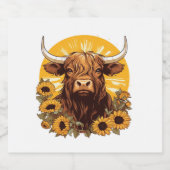 Een Highland Koe Illustratie met Zonnebloemen Clas Sparkling Wijnetiket (Enkel label)