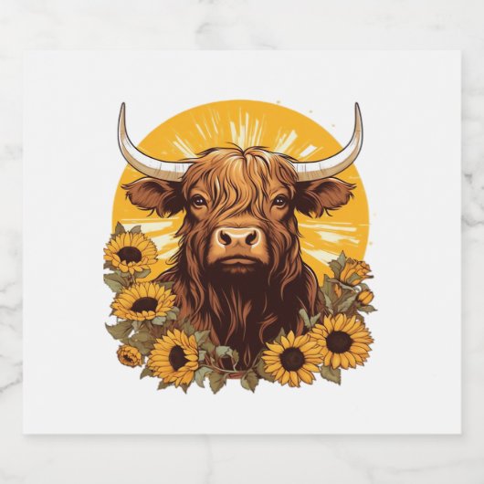 Een Highland Koe Illustratie met Zonnebloemen Clas Sparkling Wijnetiket (Enkel label)
