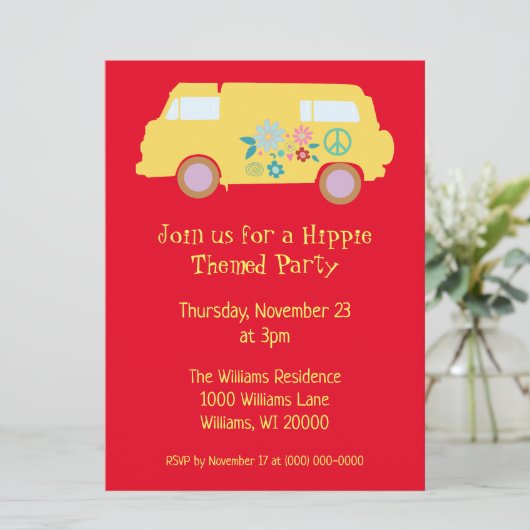 Een hippiefeest rood en geel kaart (Staand voorkant)
