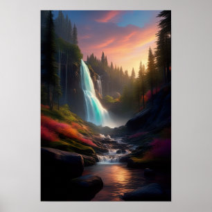 Een hoge waterval die in een rotsachtige stroom st poster