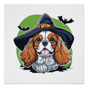 Een hond die een heksenhoed met vleermuizen draagt perfect poster