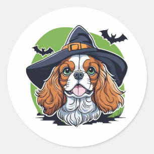 Een hond die een heksenhoed met vleermuizen draagt ronde sticker