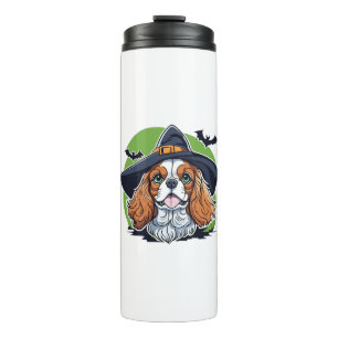 Een hond die een heksenhoed met vleermuizen draagt thermosbeker