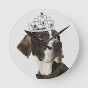 Een hond die met een tiara op zijn kop zit ronde klok