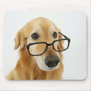 Een hond draagt een stropdas en een bril op een st muismat