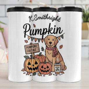 Een hond en pompoenen te koop thermosbeker