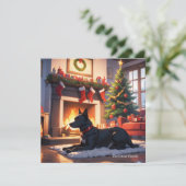 Een hond met een kerstboom en open haard feestdagenkaart (Staand voorkant)
