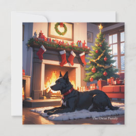 Een hond met een kerstboom en open haard feestdagenkaart