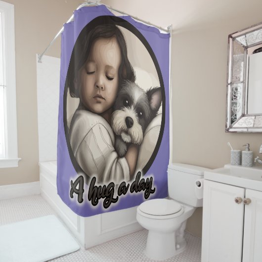 Een hond op een dag douchegordijn (In situ)