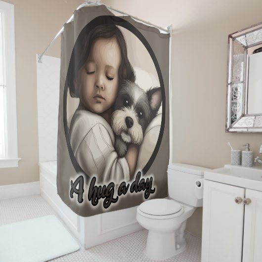 Een hond op een dag douchegordijn (In situ)