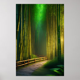 Een houten pad door het weelderige bos poster