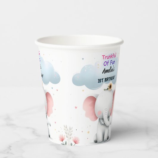 Een houten witte olifant verjaardag 1e verjaardag papieren bekers (Achterkant)