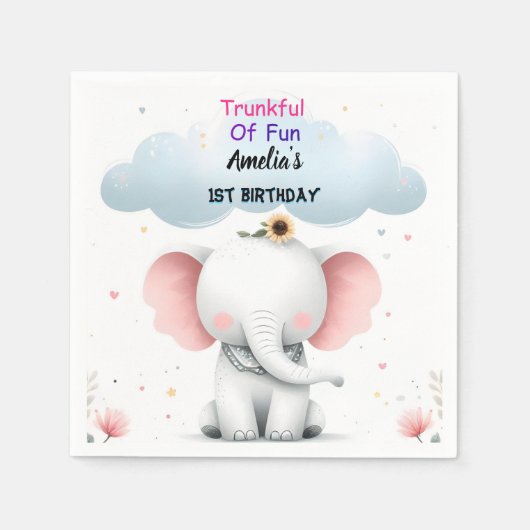 Een houten witte olifant verjaardag 1e verjaardag servet (Voorkant)