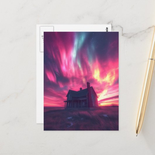 Een huis met de roze noordelijke hemel briefkaart (Voorkant / Achterkant in situ)