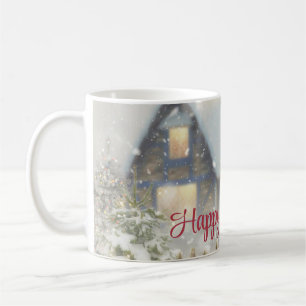 Een huis met een kerstboom en een hek koffiemok