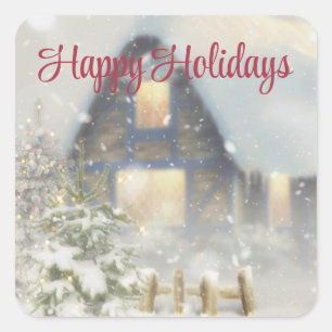 Een huis met een kerstboom en een hek vierkante sticker