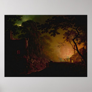 Een huisje in brand 's nachts Joseph Wright of Der Poster