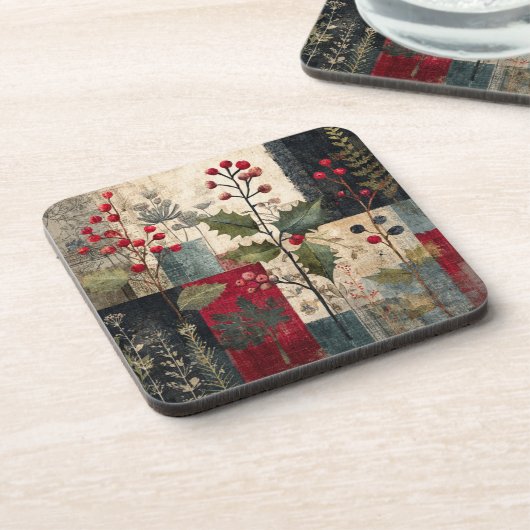Een Hulstbes Rustieke Winter Patchwork Bier Onderzetter (Linkerzijde)