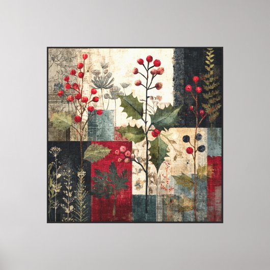 Een Hulstbes Rustieke Winter Patchwork Canvas Afdruk (Voorkant)